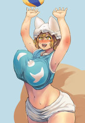 Rule 34 | 1girl, animal hat, armpits, arms up, ball, blonde hair, blue background, blush, breasts, bright pupils, chanta (ayatakaoisii), covered erect nipples, crop top, curvy, hat, highres, huge breasts, midriff, mob cap, navel, open mouth, shirt, short hair, shorts, simple background, sleeveless, sleeveless shirt, smile, solo, touhou, volleyball, volleyball (object), white hat, white pupils, white shorts, wide hips, yakumo ran, yellow eyes