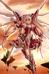 Rule 34 | 1girl, bare shoulders, boots, breasts, choker, cloud, detached sleeves, dress, floating, flying, frills, hair ornament, high heel boots, high heels, long hair, low-tied long hair, mecha musume, mechanical wings, open mouth, original, pink hair, resized, shoes, sky, solo, tateha (marvelous grace), twintails, very long hair, wings, yellow eyes