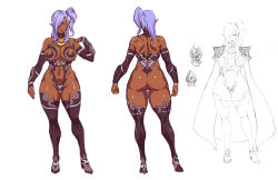 Rule 34 | 1girl, ass, breasts, curvy, dark-skinned female, dark elf, dark skin, elf, female focus, full body, large breasts, pointy ears, riskygraphics, simple background, sketch, solo, standing, thick thighs, thighs, wide hips