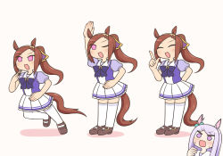 Rule 34 | 2girls, :d, animal ears, blush, bow, bowtie, brown footwear, brown hair, character request, flower in eye, hand up, highres, horse ears, horse girl, horse tail, index finger raised, legs together, long hair, mejiro mcqueen (umamusume), miniskirt, multiple girls, multiple views, one eye closed, open mouth, pink eyes, pleated skirt, ponytail, puffy short sleeves, puffy sleeves, purple bow, purple bowtie, purple eyes, purple hair, purple shirt, rantana (lalalalackluster), shirt, shoes, short sleeves, simple background, skirt, smile, symbol in eye, tail, thighhighs, umamusume, white background, white skirt, white thighhighs, wide-eyed