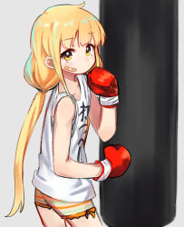 Rule 34 | 1girl, absurdres, bandaid, bandaid on face, blonde hair, boxing, boxing gloves, closed mouth, clothes writing, futaba anzu, grey background, gyunre, highres, idolmaster, idolmaster cinderella girls, long hair, low twintails, shorts, sidelocks, simple background, solo, striped clothes, striped shorts, tank top, twintails, white tank top, yellow eyes