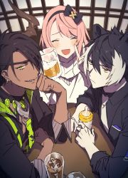 Rule 34 | 3boys, :d, ^ ^, alcohol, animal ears, aragami oga, arm support, baby bottle, beer, black hair, black jacket, black shirt, blush, bottle, closed eyes, closed mouth, cup, dark-skinned male, dark skin, ear piercing, expressionless, eyepatch, green eyes, grin, hairband, half-closed eyes, hand on own cheek, hand on own face, holostars, horns, ice, indoors, jacket, jewelry, kageyama shien, looking at viewer, male focus, multicolored hair, multiple boys, namakawa, necktie, one eye covered, open mouth, piercing, pink hair, pocket, sharp teeth, shirt, single horn, sitting, sketch, smile, streaked hair, sweater, table, teeth, trap, tsukishita kaoru, v, virtual youtuber, white hair, white neckwear, yellow eyes