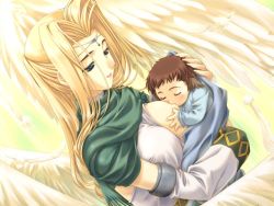 Rule 34 | 1girl, age difference, angel, baby, blonde hair, blue eyes, breastfeeding, breast slip, breasts, brown hair, circlet, detached sleeves, game cg, leaf (company), long hair, one breast out, parted lips, scarf, ulthury, utawarerumono, white wings, wings