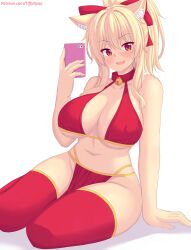 Rule 34 | 1girl, animal ears, bare arms, bare shoulders, bell, blonde hair, blush, breasts, cat ears, cat girl, cellphone, cleavage, highres, holding, holding phone, large breasts, looking at viewer, navel, nottytiffy, original, parted lips, patreon username, phone, red eyes, red thighhighs, simple background, sitting, smartphone, smile, solo, thighhighs, thighs, tiffy (nottytiffy), underboob, white background