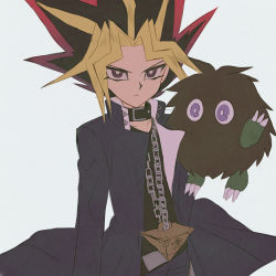 Rule 34 | 1boy, black collar, black hair, black jacket, black pants, black shirt, blonde hair, chain, chihuri, closed mouth, collar, collarbone, commentary request, creature, dyed bangs, grey background, highres, jacket, kuriboh, looking at viewer, male focus, multicolored hair, open clothes, open jacket, pants, parted bangs, purple eyes, red hair, shirt, simple background, v-shaped eyebrows, yami yugi, yu-gi-oh!