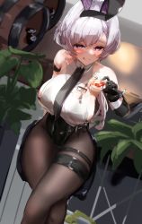 Rule 34 | 1girl, absurdres, animal ears, azur lane, backless leotard, black leotard, bow, bowtie, breasts, crossed legs, elbow gloves, fake animal ears, from above, gloves, highres, huge breasts, huge filesize, leotard, leotard under clothes, light purple hair, long hair, mechanical hands, metal gloves, official alternate costume, pantyhose, parted hair, plain 64, playboy bunny, pouring, pouring onto self, purple eyes, rabbit ears, reno (azur lane), reno (reno bunnino) (azur lane), see-through, see-through shirt, side-tie leotard, sideboob, single elbow glove, single mechanical hand, solo, thigh strap, wrist cuffs
