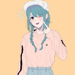 Rule 34 | 1girl, 34fa11inlove, :p, alternate costume, arm at side, baseball cap, blue hair, blue pants, blush, braid, buttons, earrings, finger to cheek, hat, head tilt, heart, heart earrings, highres, jewelry, kasane ao, long sleeves, magia record: mahou shoujo madoka magica gaiden, mahou shoujo madoka magica, notice lines, one eye closed, pants, pink shirt, purple eyes, ring, shirt, sidelocks, solo, swept bangs, teeth, tongue, tongue out, twin braids, upper body, upper teeth only, white hat, yellow background