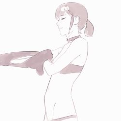 Rule 34 | 1girl, animated, animated gif, bad id, bad tumblr id, bra, breasts, choker, closed eyes, closed mouth, dressing, greyscale, ilya kuvshinov, monochrome, no pants, original, panties, profile, shirt, short hair, simple background, small breasts, smile, solo, standing, underwear, white background