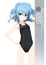 Rule 34 | 1girl, alternate breast size, artist name, black one-piece swimsuit, blue eyes, blue hair, character name, collarbone, competition swimsuit, cowboy shot, double bun, eyes visible through hair, flat chest, hair between eyes, hair bun, highres, inaba shiki, kantai collection, looking at viewer, one-hour drawing challenge, one-piece swimsuit, short hair, simple background, smile, solo, standing, striped clothes, striped one-piece swimsuit, swimsuit, urakaze (kancolle), vertical-striped clothes, vertical-striped one-piece swimsuit, white background
