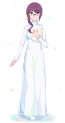 Rule 34 | absurdres, bell, blush, book, green eyes, hair bell, hair ornament, highres, holding, holding book, hoshimi junna, light smile, looking at viewer, nguyen tam lee, pants, purple hair, shoes, shoujo kageki revue starlight, smile, vietnamese clothes, vietnamese dress, white background, white pants
