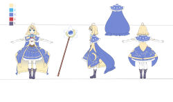 Rule 34 | 1girl, ahoge, black footwear, blonde hair, blue cape, blue capelet, blue eyes, blue skirt, boots, cape, capelet, character sheet, chihong de tianshi, closed mouth, color guide, constellation print, elbow gloves, frilled cape, frilled capelet, frills, gloves, hair ornament, looking at viewer, multiple views, original, outstretched arms, profile, shirt, skirt, smile, spread arms, staff, standing, star (symbol), thighhighs, thighhighs under boots, turnaround, white gloves, white shirt, white thighhighs