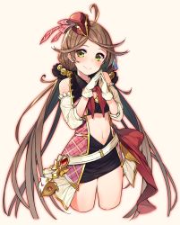 Rule 34 | 10s, 1girl, ahoge, bare shoulders, belt, blush, breasts, brown hair, detached sleeves, gloves, granblue fantasy, green eyes, hair ornament, harie (granblue fantasy), hat, highres, long hair, looking at viewer, low twintails, mini hat, navel, own hands together, smile, solo, tofu1601, twintails, white gloves