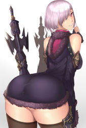 Rule 34 | 1girl, artist request, ass, bad anatomy, hair over one eye, highres, leaning forward, looking at viewer, looking back, purple hair, shadowverse, short hair, smile, snaking, solo, standing, thighhighs, wizardess of oz