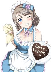 Rule 34 | 10s, 1girl, ;d, apron, bare shoulders, blue dress, blue eyes, blush, bow, breasts, brown hair, candy, chocolate, chocolate heart, cleavage, cream, detached sleeves, dress, flower, food, grin, hair flower, hair ornament, happy valentine, heart, highres, holding, holding plate, looking at viewer, love live!, love live! school idol festival, love live! sunshine!!, maid headdress, medium breasts, one eye closed, open mouth, pastry bag, pink bow, pink flower, pink ribbon, pink rose, plate, ribbon, ribbon-trimmed dress, rose, sankuro (agoitei), short hair, simple background, sleeveless, sleeveless dress, smile, solo, teeth, valentine, waist apron, watanabe you, white apron, white background