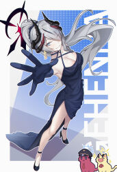 Rule 34 | absurdres, black halo, black horns, blue archive, blue halo, cat, criss-cross halter, demon horns, dress, elbow gloves, gloves, gradient halo, gradient horns, hair over one eye, halo, halter dress, halterneck, highres, horns, ibuki (blue archive), iroha (blue archive), makoto (blue archive), makoto (dress) (blue archive), multicolored halo, multicolored horns, multiple horns, nishiki (952451321), official alternate costume, pointy ears, purple halo, red halo, yellow halo