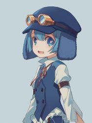 Rule 34 | 1boy, alternate costume, blue background, blue eyes, blue hair, child, choke (amamarin), goggles, goggles on head, hat, highres, made in abyss, male focus, maruruk, open mouth, simple background, solo, trap, vest