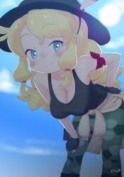 Rule 34 | 1girl, bent over, blonde hair, blue eyes, blush, breasts, calenda (kemono friends), camouflage, camouflage pants, cleavage, commentary, gloves, hat, hat feather, highres, kemono friends, kemono friends 3, large breasts, long hair, looking at viewer, masuyama ryou, pants, shirt, sky, smile, solo, tank top, twintails