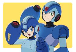 Rule 34 | 2boys, arm cannon, arm up, armor, blue armor, blue bodysuit, blue eyes, blue helmet, bodysuit, border, forehead jewel, green eyes, in-franchise crossover, male focus, mega buster, mega man (character), mega man (classic), mega man (series), mega man x (series), multiple boys, oonami watari, open mouth, salute, shoulder armor, smile, tongue, trait connection, weapon, white border, x (mega man), x buster, yellow background