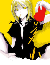 Rule 34 | 00s, 1girl, artoria pendragon (fate), blonde hair, casual, fate/stay night, fate (series), food, french fries, open clothes, open shirt, saber (fate), saber alter, shirt, short hair, solo, yellow eyes