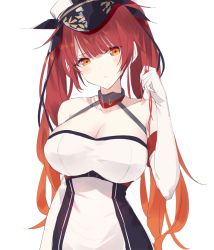 Rule 34 | 1girl, azur lane, bare shoulders, breasts, cleavage, elbow gloves, gloves, gradient hair, hat, honolulu (azur lane), large breasts, long hair, looking at viewer, multicolored hair, orange eyes, orange hair, peaked cap, red hair, simple background, solo, stardust-kun, taut clothes, white background, white gloves, white hat