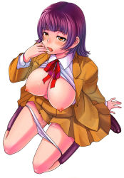 Rule 34 | 1girl, blush, breasts, brown eyes, clothes lift, female focus, highres, kneeling, large breasts, licking, open clothes, open shirt, panties, panty pull, purple hair, pussy juice, school uniform, serafuku, shirt, shirt lift, short hair, simple background, socks, solo, tongue, underwear, white background