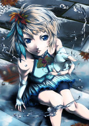 Rule 34 | 1girl, amupon, bad id, bad pixiv id, berry, blonde hair, blue eyes, elbow gloves, feather hair ornament, feathers, fingerless gloves, fingernails, gloves, feather hair ornament, hair ornament, highres, leaf, looking at viewer, magic, original, short hair, shorts, sitting, skirt, solo, water