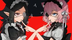 Rule 34 | 2girls, animal ear fluff, animal ears, apron, black apron, black background, black dress, black hair, black headdress, black nails, blue eyes, braid, breasts, closed mouth, collared dress, dress, earrings, finger to another&#039;s mouth, flat chest, flower eyepatch, hair between eyes, indie virtual youtuber, jewelry, long hair, looking at another, maid, maid apron, maid headdress, medium breasts, medium hair, multicolored background, multiple girls, original, pink hair, pointy ears, puffy short sleeves, puffy sleeves, red background, red eyes, red ribbon, ribbon, short sleeves, sidelocks, sobbi11, star (symbol), star earrings, two-tone background, upper body, virtual youtuber, white apron, white dress, white headdress, white nails