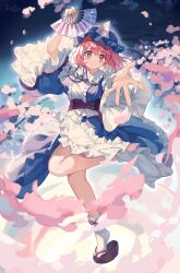 Rule 34 | 1girl, blue hat, blue kimono, closed mouth, commentary, folding fan, full body, hand fan, hat, highres, holding, holding fan, hu su, japanese clothes, kimono, long sleeves, looking at viewer, mob cap, pink eyes, pink hair, saigyouji yuyuko, short hair, solo, symbol-only commentary, touhou, triangular headpiece