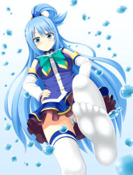 Rule 34 | &gt;:), 10s, 1girl, aqua (konosuba), bare shoulders, blue eyes, blue hair, blue shirt, blue skirt, blush, bow, bowtie, breasts, brooch, closed mouth, detached sleeves, feet, foot focus, foreshortening, green bow, green bowtie, hair ornament, hair rings, hands on own hips, haruchari, highres, jewelry, kono subarashii sekai ni shukufuku wo!, large breasts, layered skirt, long hair, looking at viewer, miniskirt, panties, pantyshot, shirt, skirt, sleeveless, sleeveless shirt, smile, soles, solo, standing, thighhighs, underwear, v-shaped eyebrows, very long hair, water, white panties, white thighhighs