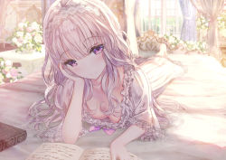 Rule 34 | 1girl, arm support, barefoot, blurry, blurry background, blush, book, bow, breasts, closed mouth, commentary request, day, depth of field, downblouse, dress, flower, frilled dress, frills, hair between eyes, hairband, head in hand, head rest, head tilt, highres, indoors, long hair, looking at viewer, lying, missile228, no bra, on bed, on stomach, open book, original, pink flower, pink rose, purple bow, purple eyes, rose, short sleeves, silver hair, small breasts, smile, solo, sunlight, white dress, white flower, white hairband, white rose, wide sleeves, window