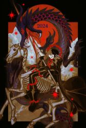 Rule 34 | 2024, absurdres, blood, boots, closed eyes, dragon, gloves, highres, holding, holding weapon, horse, horseback riding, impaled, mime 404, monster, original, riding, skeleton horse, star (symbol), weapon