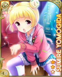 1girl blonde_hair blue_neckwear blue_skirt card_(medium) character_name double_bun girlfriend_(kari) guitar hair_bun hood hoodie indoors instrument jacket looking_at_viewer official_art open_mouth pantyhose petticoat pink_jacket plaid_clothes plaid_skirt purple_eyes purple_pantyhose qp:flapper rapping school school_uniform shirt sitting skirt solo speaker stage stairs tagme white_shirt yomogida_sumire