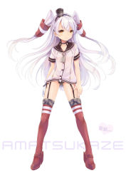 Rule 34 | 10s, 1girl, alternate color, amatsukaze (kancolle), bad id, bad pixiv id, black panties, brown eyes, character name, dress, garter straps, kantai collection, kona (canaria), long hair, looking at viewer, panties, personification, sailor dress, school uniform, see-through, serafuku, short dress, side-tie panties, silver hair, simple background, solo, striped clothes, striped thighhighs, thighhighs, twintails, two side up, underwear, zettai ryouiki
