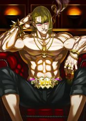 Rule 34 | 1boy, abs, alcohol, black pants, blonde hair, cigarette, clock, fate (series), gold belt, highres, jewelry, male focus, muscular, muscular male, necklace, pants, sakata kintoki (fate), short hair, smoking, solo, sunglasses, veins