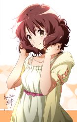 Rule 34 | 1girl, blush, breasts, brown hair, collarbone, dated, dress, frills, hair between eyes, hibike! euphonium, highres, holding, holding own hair, looking at viewer, medium breasts, nii manabu, official style, orange ribbon, oumae kumiko, red ribbon, ribbon, shadow, short hair, signature, smile, solo, solo focus, upper body, yellow dress, yellow eyes