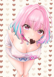Rule 34 | 1girl, absurdres, ahoge, blue hair, blush, bob cut, breasts, chocolate, cleavage, covered erect nipples, fang, feet out of frame, hair intakes, heart, heart-shaped pupils, heart background, highres, idolmaster, idolmaster cinderella girls, large breasts, leaning forward, leather choker, looking at viewer, mouth hold, multicolored hair, no bra, no pants, oversized clothes, oversized shirt, ozaki mirai, pink hair, shirt, symbol-shaped pupils, two-tone hair, yumemi riamu