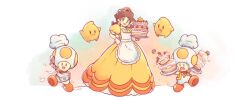 Rule 34 | 1girl, 2boys, apron, blue eyes, bowl, cake, chef hat, commentary, dress, english commentary, food, gloves, hand on own hip, hat, highres, holding, holding bowl, holding cake, holding food, holding whisk, long hair, looking at viewer, luma (mario), mario (series), multiple boys, nintendo, open mouth, princess daisy, saiwoproject, simple background, toad (mario), whisk, white gloves, yellow dress