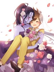 Rule 34 | 2girls, black footwear, black neckwear, blush, bouquet, bridal veil, brown hair, carrying, choker, closed mouth, collared shirt, colored skin, commentary request, crying, dress, closed eyes, flower, formal, grin, happy, happy tears, highres, holding, holding bouquet, holding flower, jacket, kaoruru (sakuno2911), light smile, long hair, multiple girls, nail polish, open mouth, overwatch, overwatch 1, pants, petals, pink flower, pink nails, pink rose, princess carry, profile, purple dress, purple hair, purple skin, red flower, red rose, ribbon choker, rose, shirt, shoes, short hair, simple background, smile, sparkle, strapless, strapless dress, streaming tears, suit, tears, tracer (overwatch), veil, wedding, wedding dress, white background, white flower, white rose, white shirt, widowmaker (overwatch), wife and wife, wing collar, yellow jacket, yellow pants, yuri