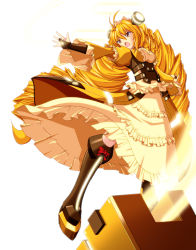 Rule 34 | 1girl, blonde hair, breasts, chouzetsu yarou, dress, drill hair, frills, fusion, glowing, long hair, open mouth, outstretched arm, simple background, solo, twintails, very long hair, vividred operation, vividyellow, yellow eyes, yellow theme