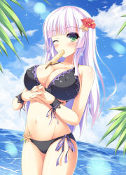 Rule 34 | 1girl, beach, bikini, black bikini, blush, breasts, cleavage, cloud, covered erect nipples, day, flower, food, food in mouth, green eyes, hair flower, hair ornament, hibiscus, iroha (unyun), large breasts, leaf, lens flare, long hair, mole, mole under eye, mouth hold, navel, ocean, one eye closed, original, outdoors, own hands clasped, own hands together, palm tree, popsicle, shiny skin, silver hair, skindentation, sky, solo, swimsuit, tree, water, wink, wrist cuffs