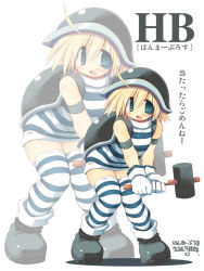 Rule 34 | 1girl, blonde hair, blue eyes, cosplay, fang, gloves, hammer, hammer bro, hammer bro (cosplay), hammer brothers, helmet, mario (series), nintendo, personification, sakaki (noi-gren), shell, shirt, short hair, solo, striped clothes, striped shirt, striped thighhighs, thighhighs, translation request, zettai ryouiki, zoom layer