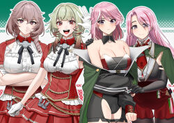 Rule 34 | 4girls, akagi kurage, armpit cutout, azur lane, black gloves, black pantyhose, bow, breasts, brown hair, cleavage, closed mouth, clothing cutout, commission, cosplay, costume switch, crossed arms, crossover, detached collar, drill hair, duca degli abruzzi (azur lane), duca degli abruzzi (azur lane) (cosplay), ear piercing, elbow gloves, giuseppe garibaldi (azur lane), giuseppe garibaldi (azur lane) (cosplay), giuseppe garibaldi (kancolle), giuseppe garibaldi (kancolle) (cosplay), gloves, green hair, groin, highres, kantai collection, large breasts, layered skirt, long hair, looking at viewer, luigi di savoia duca degli abruzzi (kancolle), luigi di savoia duca degli abruzzi (kancolle) (cosplay), medium breasts, multiple girls, name connection, open mouth, pantyhose, piercing, pink eyes, pink hair, pixiv commission, red eyes, short hair, short sleeves, simple background, skirt, smile, white gloves