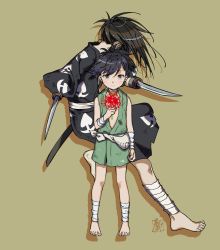 Rule 34 | 1boy, 1girl, androgynous, ankle wrap, barefoot, black hair, black kimono, bomhat, brown background, brown eyes, child, choker, commentary, dororo (character), dororo (tezuka), flower, full body, green tunic, highres, holding, holding flower, hyakkimaru (dororo), japanese clothes, kimono, looking at viewer, ponytail, pouch, prosthetic weapon, simple background, spider lily, sword, toes, weapon, wrist wrap