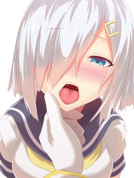Rule 34 | 1girl, absurdres, blue eyes, blush, breasts, commentary request, eyes visible through hair, grabbing another&#039;s chin, hair ornament, hair over one eye, hairclip, hamakaze (kancolle), hand on another&#039;s chin, highres, kantai collection, koumei (twinameless), large breasts, looking at viewer, open mouth, school uniform, serafuku, short hair, short sleeves, silver hair, solo focus, yellow neckwear
