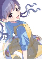 Rule 34 | 1girl, absurdres, artist request, black hair, blue shirt, commentary request, dress, fangs, fukumaru koito, highres, idolmaster, idolmaster shiny colors, long hair, looking at viewer, looking back, open mouth, purple eyes, shirt, short sleeves, skin fangs, solo, twintails, white background, yellow dress