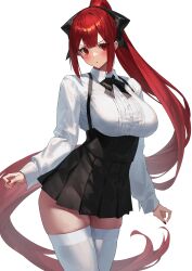 Rule 34 | 1girl, :o, absurdres, black bow, black bowtie, black thighhighs, blush, bow, bowtie, breasts, commentary, cowboy shot, high-waist skirt, high ponytail, highres, large breasts, long hair, long sleeves, original, parted lips, pleated skirt, red eyes, red hair, shirt, simple background, skirt, suspender skirt, suspenders, thigh gap, thighhighs, v-shaped eyebrows, very long hair, white background, white shirt, white thighhighs, yamanokami eaka, zettai ryouiki