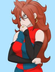 Rule 34 | 1girl, android 21, arm warmers, big hair, black-framed eyewear, blue background, blue eyes, brown hair, dragon ball, dragon ball fighterz, dress, earrings, female focus, glasses, hand on own chin, hoop earrings, jewelry, long hair, multicolored clothes, multicolored dress, ring, solo, thinking