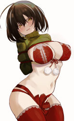 Rule 34 | 1girl, arknights, arms behind back, blush, bound, bound arms, bra, breasts, brown eyes, brown hair, christmas, clothes lift, highres, large breasts, magallan (arknights), navel, otsumami (02mami), pom pom (clothes), red bra, red ribbon, red thighhighs, ribbed sweater, ribbon, solo, sweater, sweater lift, thighhighs, underwear, white background