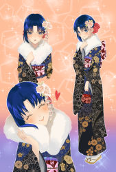 Rule 34 | blue eyes, blue hair, blush, ciel (tsukihime), cropped torso, fur-trimmed kimono, fur trim, hand on own chest, heart, highres, japanese clothes, kimono, multiple views, oceanbellereine, parted lips, short hair, smile, tsukihime, wide sleeves