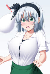 Rule 34 | !, 1girl, :o, black hairband, black undershirt, blush, breast expansion, breasts, bursting breasts, button gap, collarbone, commentary request, dress shirt, gradient background, green eyes, green skirt, grey background, hair between eyes, hairband, highres, konpaku youmu, konpaku youmu (ghost), large breasts, nori tamago, open mouth, shirt, short hair, short sleeves, simple background, skirt, solo, sweatdrop, touhou, white hair, white shirt